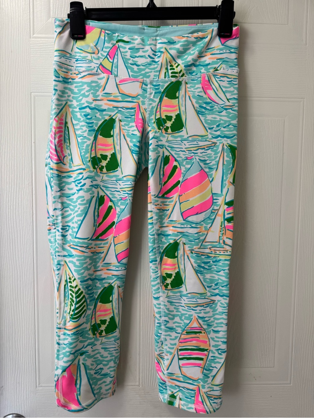 Lilly Pulitzer Aqua Sailboat Capri Leggings with Neon Accents